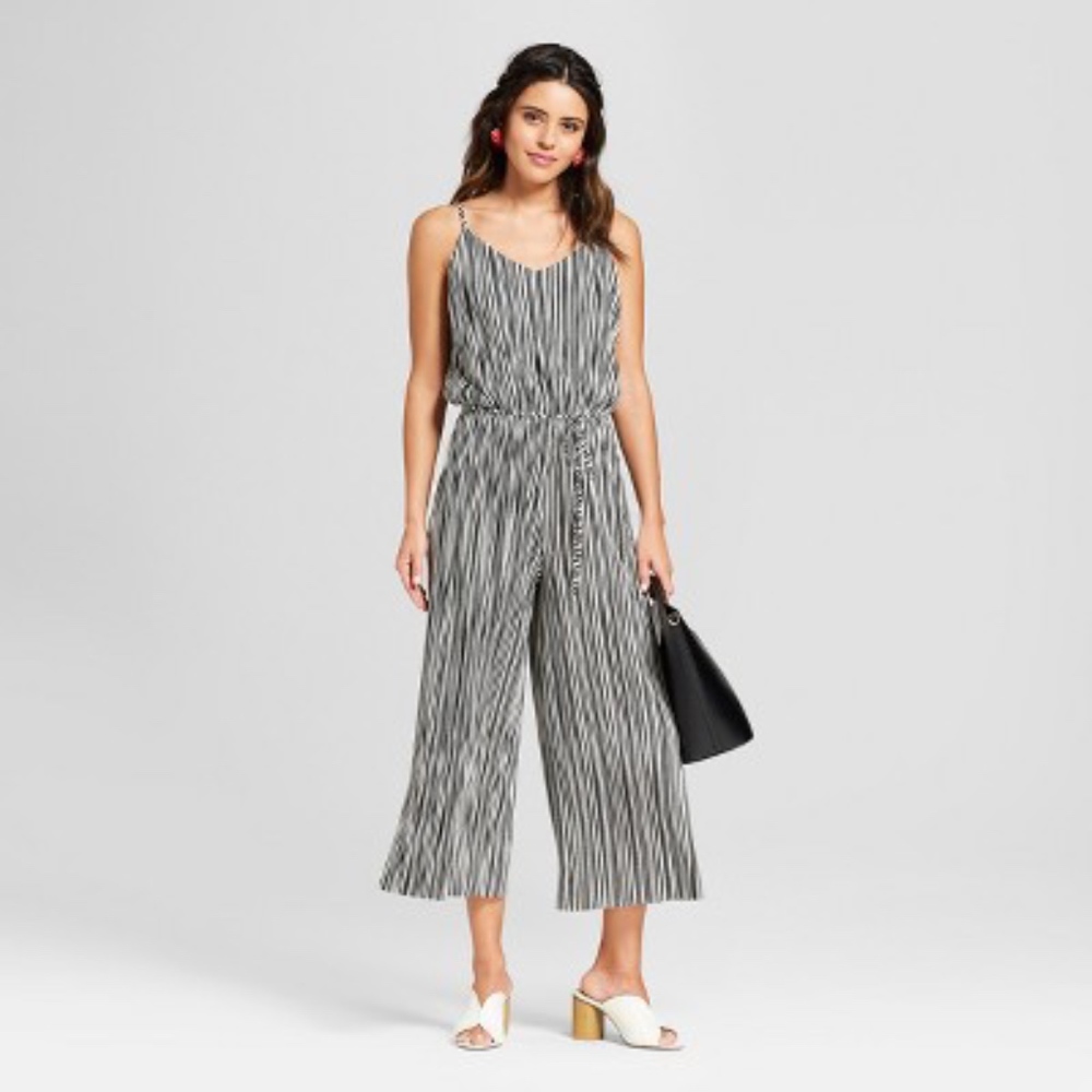 Black & White Stripe Belted Knit Cropped Jumpsuit